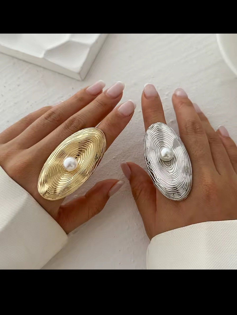 Silver Oval Sculpted Ring with Pearl - Picture 7 of 7